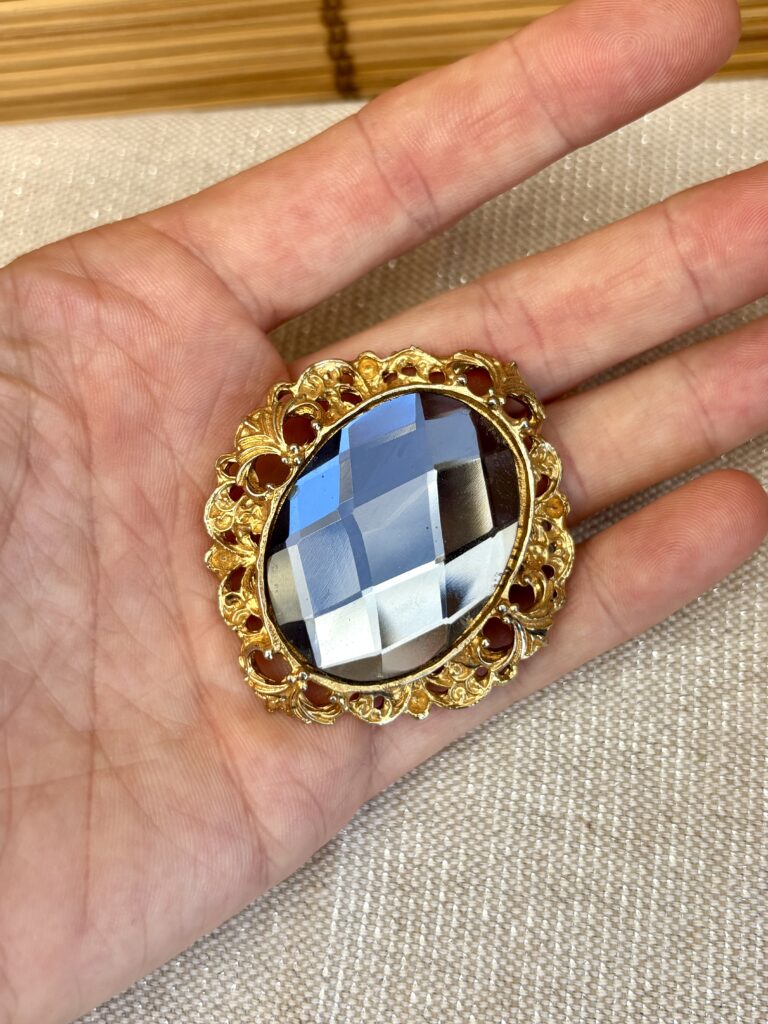 Broche pendentif Vintage à grand cabochon facetté fumé,